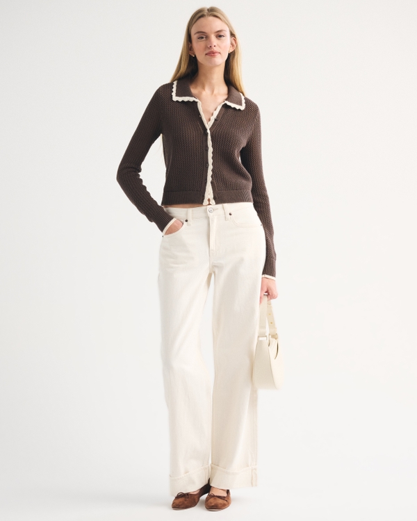 Crochet-Style Collared Cardigan, Dark Brown view 2