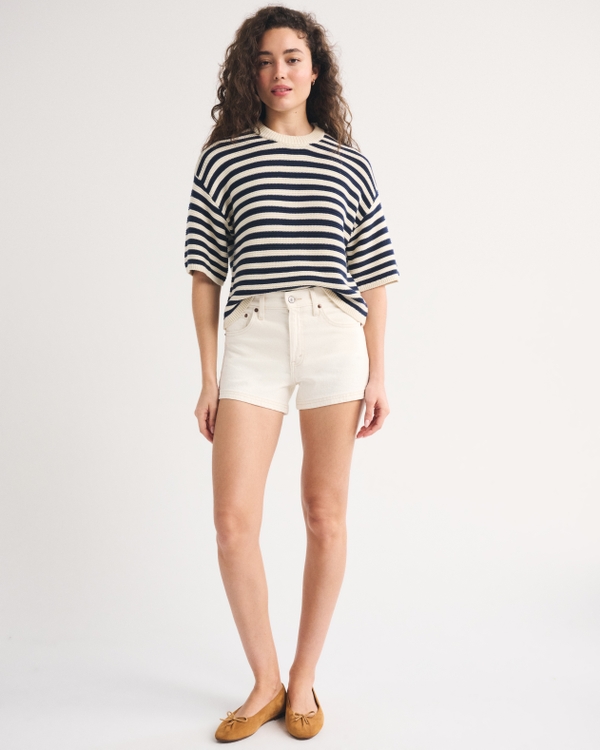 100% Cotton Textural-Stitch Boxy Sweater Tee, Navy Stripe view 2