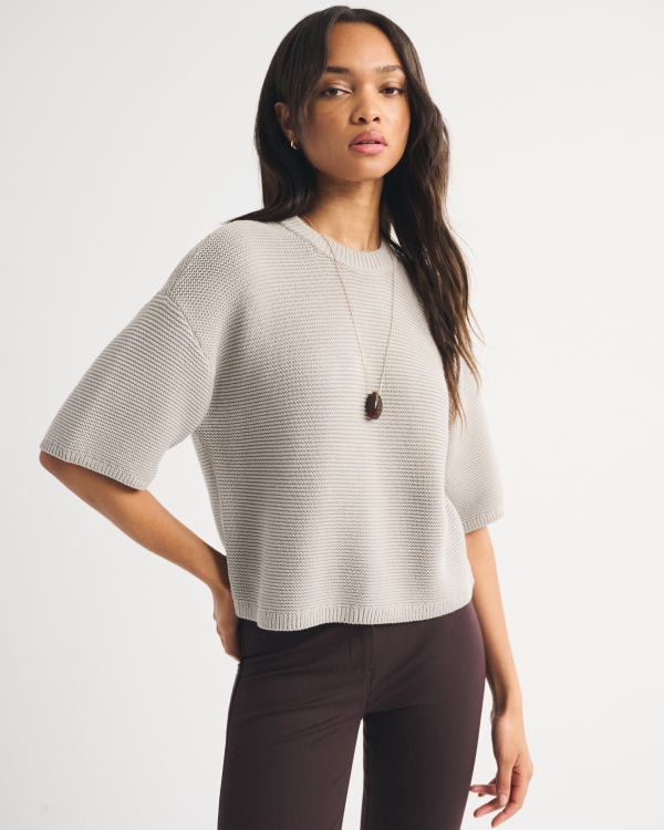 100% Cotton Textural-Stitch Boxy Sweater Tee, Sand view 1
