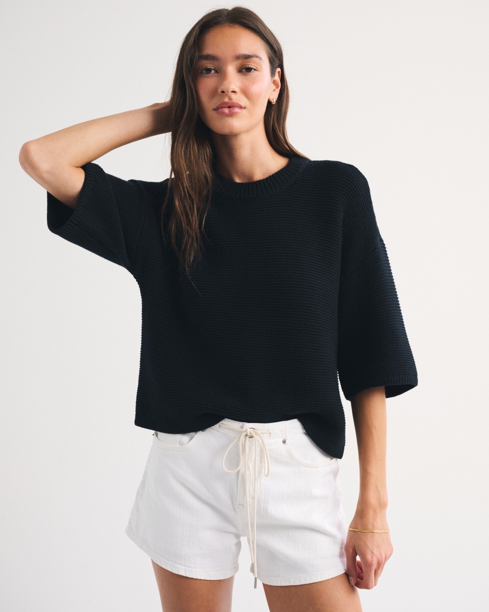100% Cotton Textural-Stitch Boxy Sweater Tee