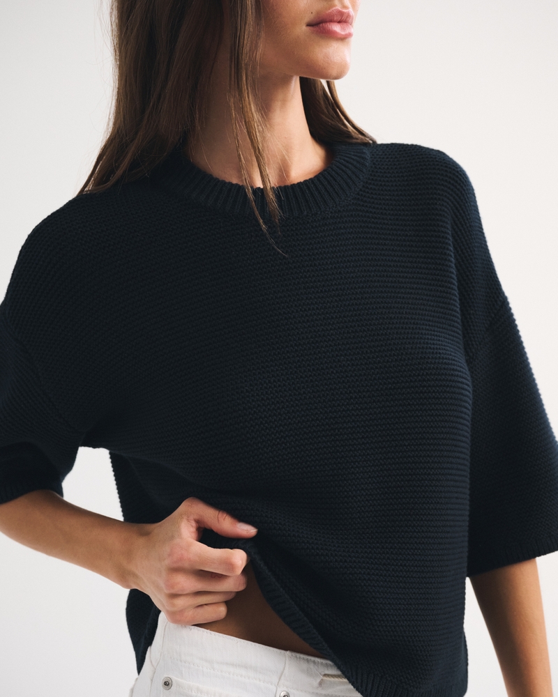 100% Cotton Textural-Stitch Boxy Sweater Tee - thumbnail 8