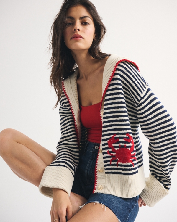 Nautical Collared Cardigan, Cream Stripe view 1