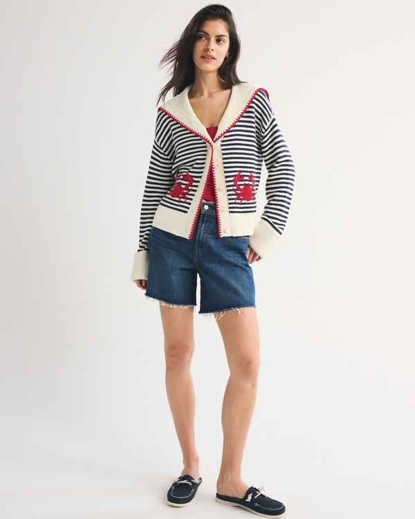 Nautical Collared Cardigan, Cream Stripe view 2