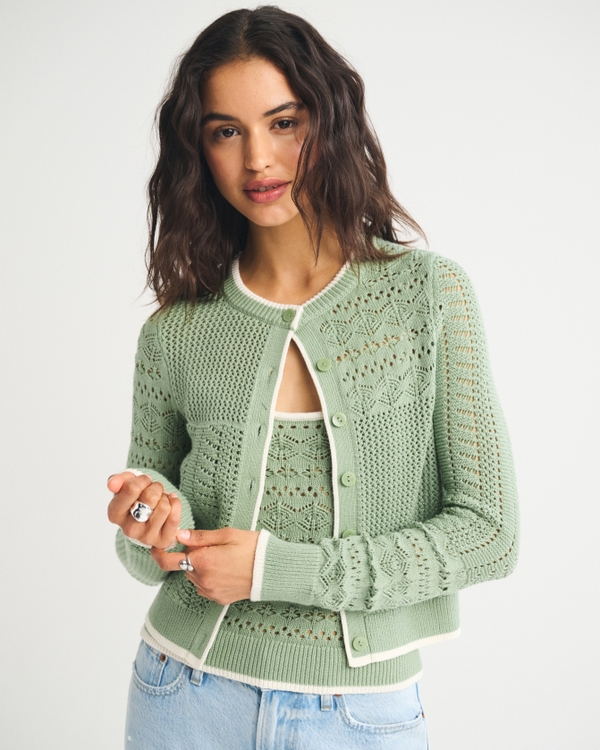 Crochet-Style Cardigan Twinset, Green view 1