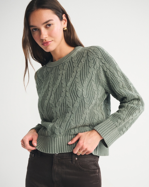 The A&F Madeline Cable Crew Sweater, Green view 1