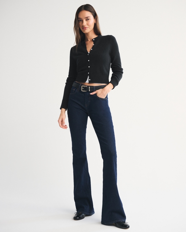 Merino Wool-Blend Shrunken Crew Cardigan, Black view 2