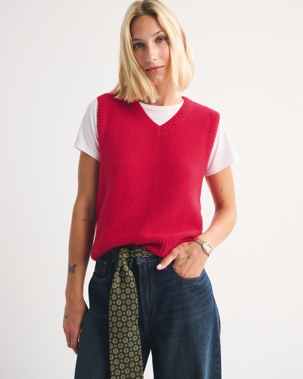 Merino Wool-Blend V-Neck Sweater Vest, Rich Ruby view 1
