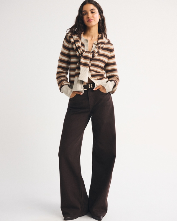 Textural Stitch Shrunken Cardigan, Brown Stripe view 2