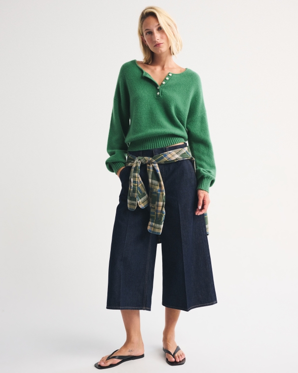 Merino Wool-Blend Henley Sweater, Emerald view 2