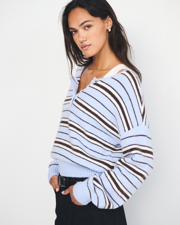 Merino Wool-Blend Henley Sweater, Blue Stripe view 1