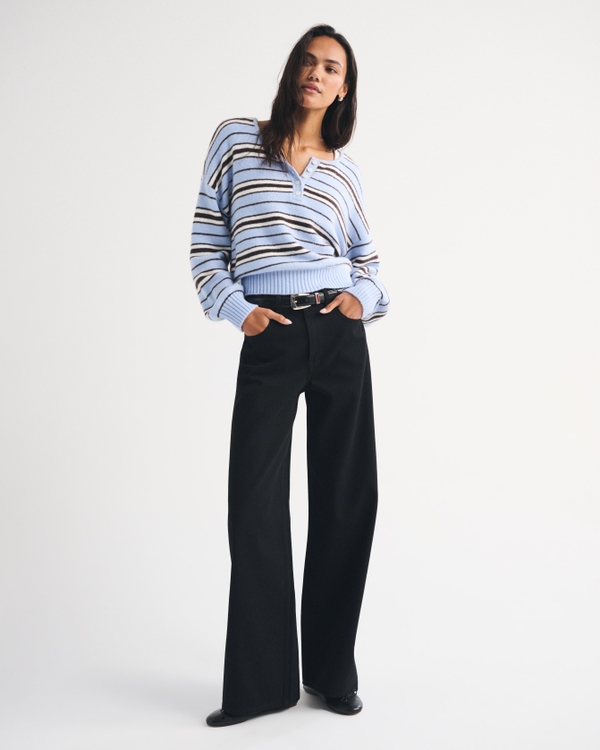 Merino Wool-Blend Henley Sweater, Blue Stripe view 2