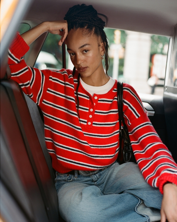 Merino Wool-Blend Henley Sweater, Vivid Red Stripe view 1