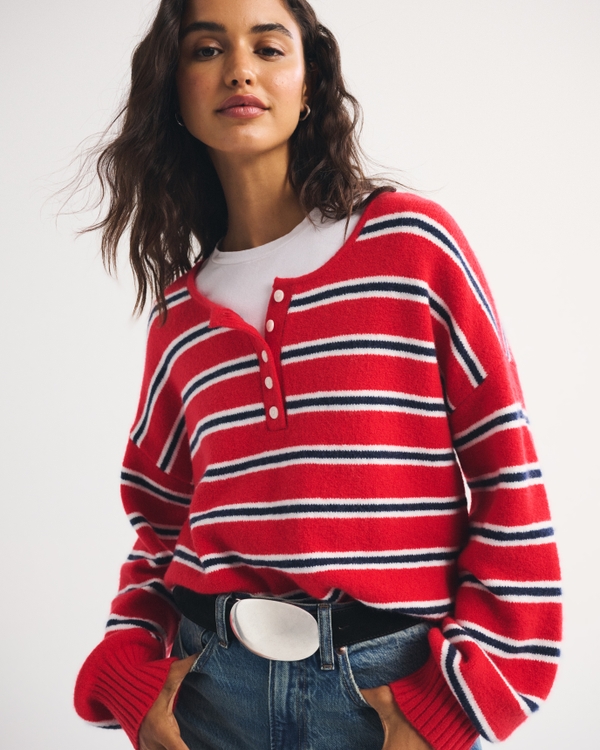 Merino Wool-Blend Henley Sweater, Vivid Red Stripe view 1
