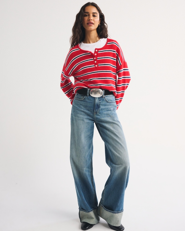 Merino Wool-Blend Henley Sweater, Vivid Red Stripe view 2
