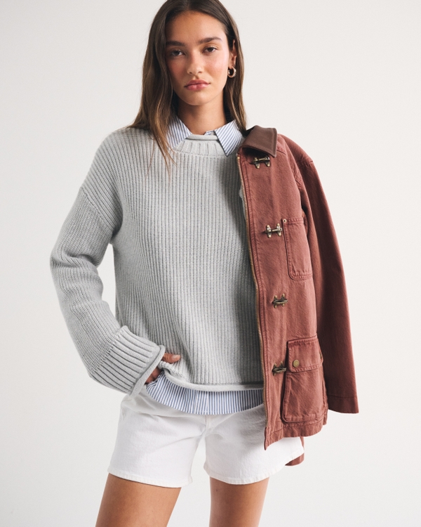 100% Cotton Roll Neck Crew Sweater, Light Gray view 1