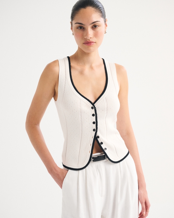 Pointelle Button-Through Sweater Tank, Cream view 1