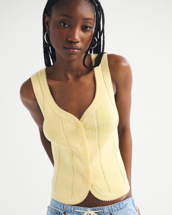 Pointelle Button-Through Sweater Tank, Sunny Yellow view 1