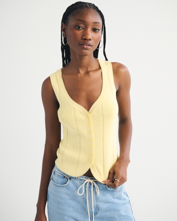 Pointelle Button-Through Sweater Tank, Sunny Yellow view 2
