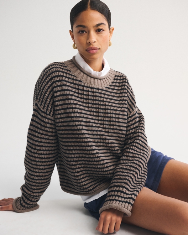 100% Cotton Roll Neck Crew Sweater, Brown Stripe view 1