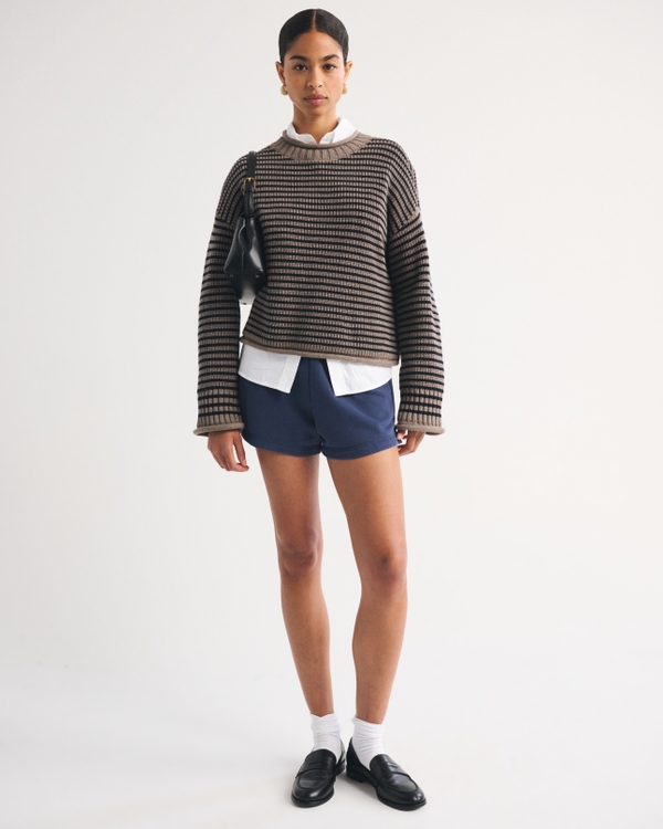 100% Cotton Roll Neck Crew Sweater, Brown Stripe view 2