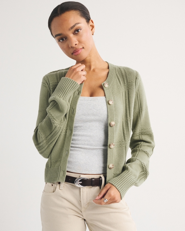 Textural Stitch Shrunken Cardigan, Olive Green view 1