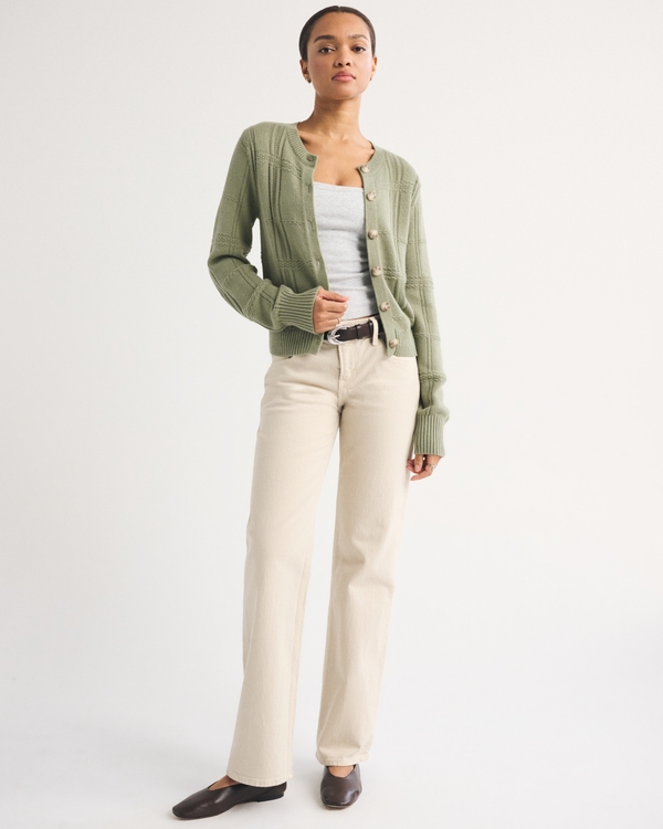 Textural Stitch Shrunken Cardigan, Olive Green view 2