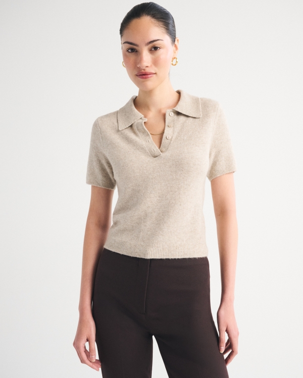 Merino Wool-Blend Short Sleeve Polo, Light Brown Heather view 1