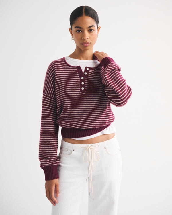 Merino Wool-Blend Henley Sweater, Maroon Stripe view 1