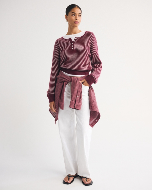 Merino Wool-Blend Henley Sweater, Maroon Stripe view 2