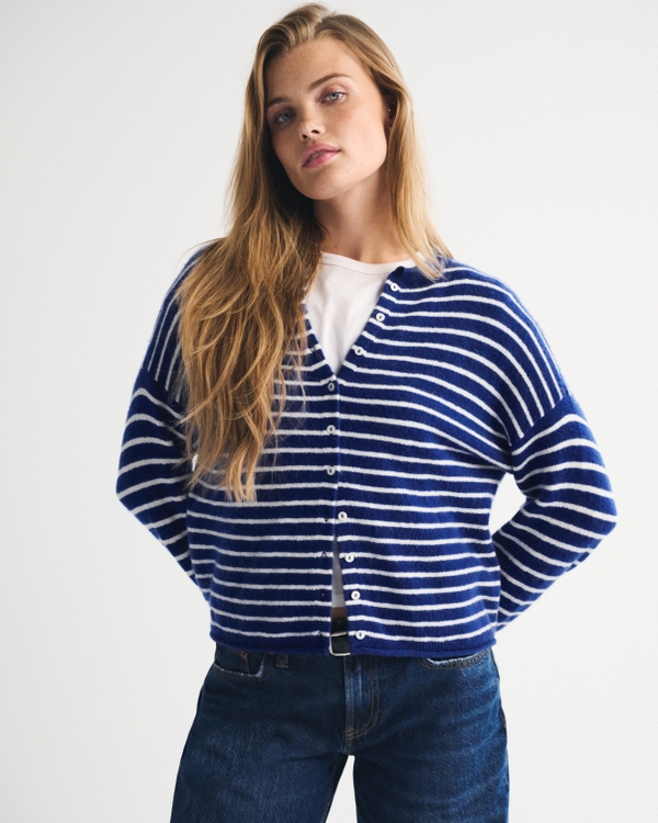 Merino Wool-Blend Roll Neck Cardigan, Indigo Stripe view 1