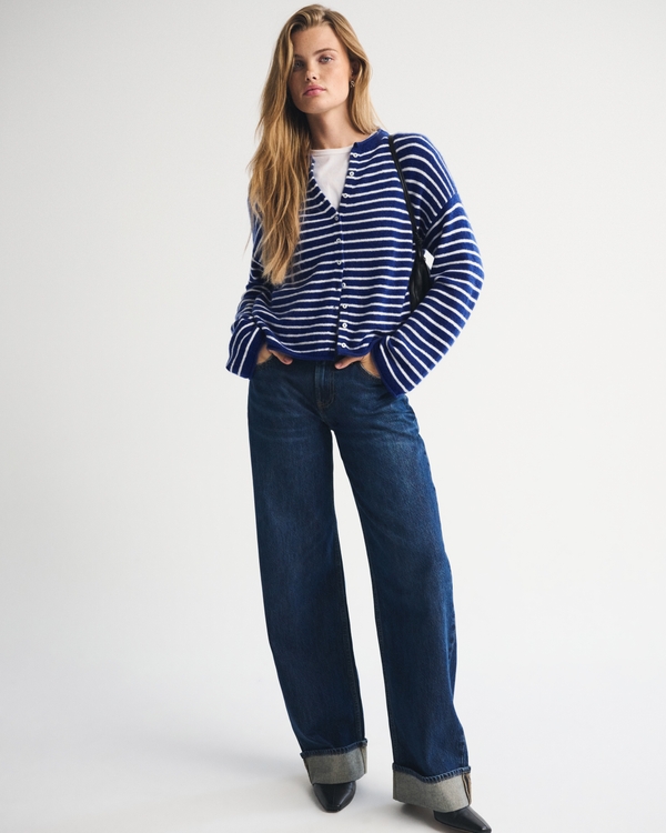 Merino Wool-Blend Roll Neck Cardigan, Indigo Stripe view 2
