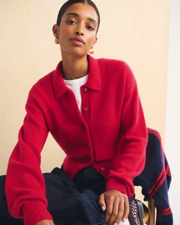 Merino Wool-Blend Collared Cardigan, Vivid Red view 1