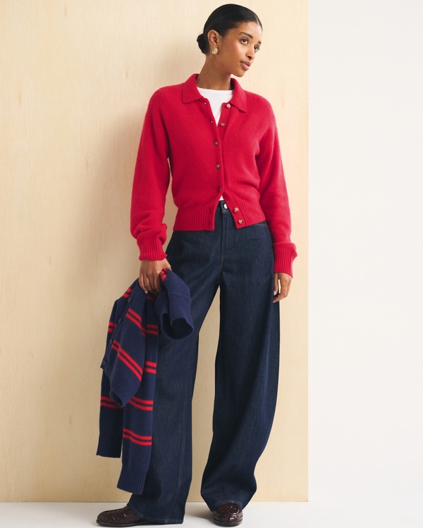 Merino Wool-Blend Collared Cardigan, Vivid Red view 2