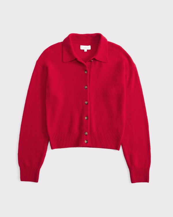 Merino Wool-Blend Collared Cardigan, Vivid Red view 1