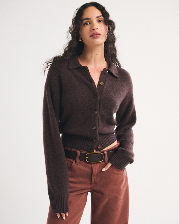 Cardigan à col en mélange de laine mérinos., Dark Coffee view 1