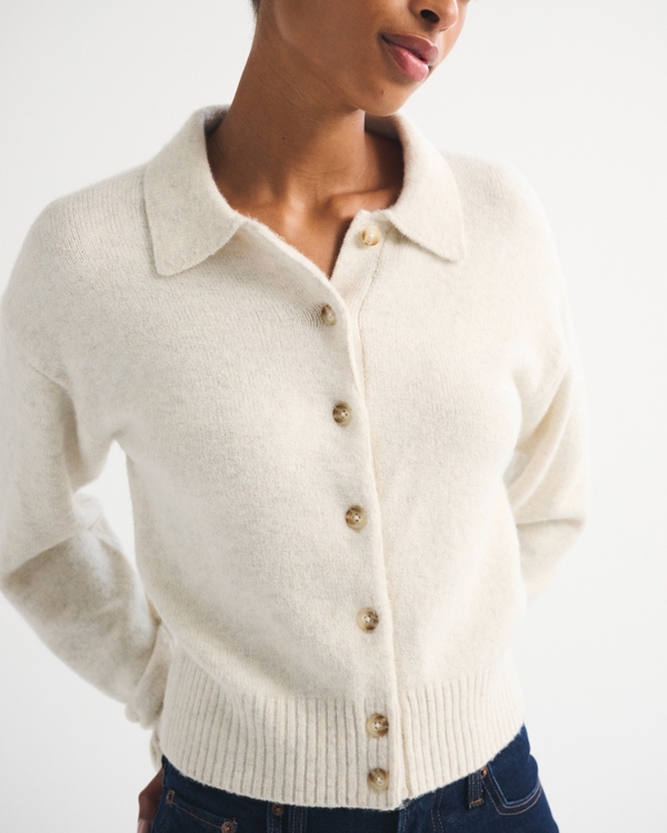 Cardigan à col en mélange de laine mérinos, Crème Chiné view 1