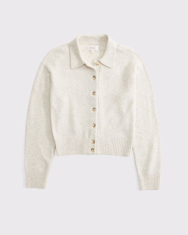 Merino Wool-Blend Collared Cardigan, Cream Heather view 1