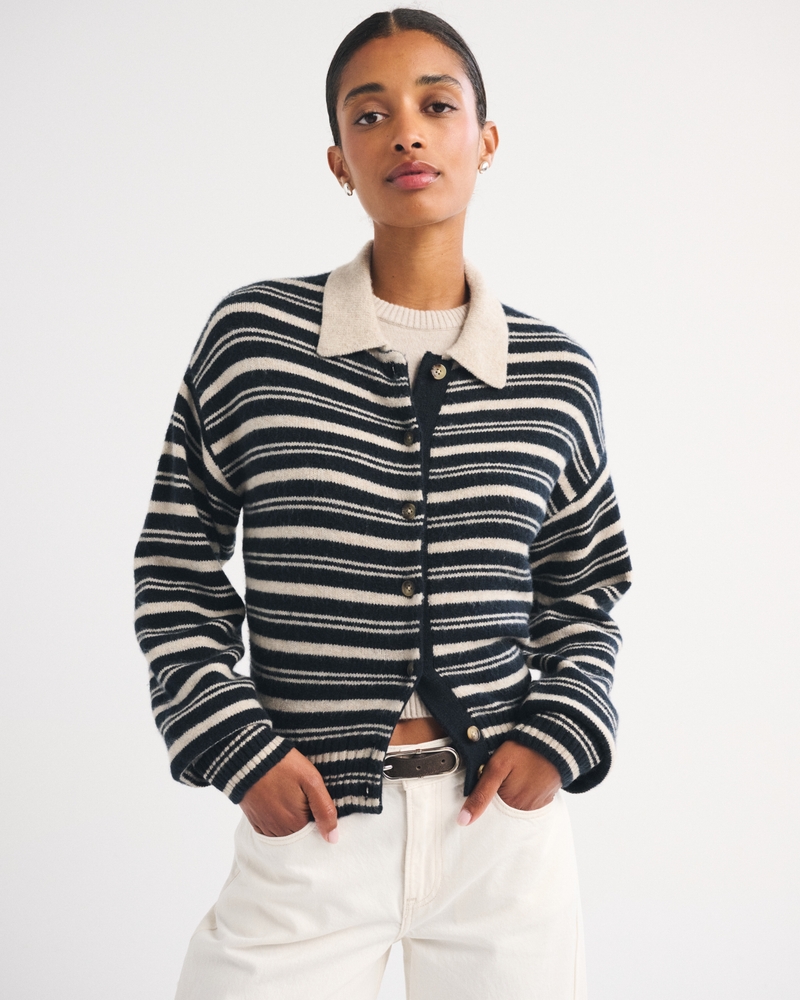Merino Wool-Blend Collared Cardigan - thumbnail 2