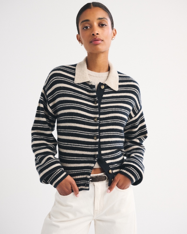 Merino Wool-Blend Collared Cardigan, Black Stripe view 1