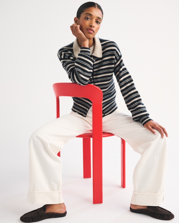 Merino Wool-Blend Collared Cardigan, Black Stripe view 2