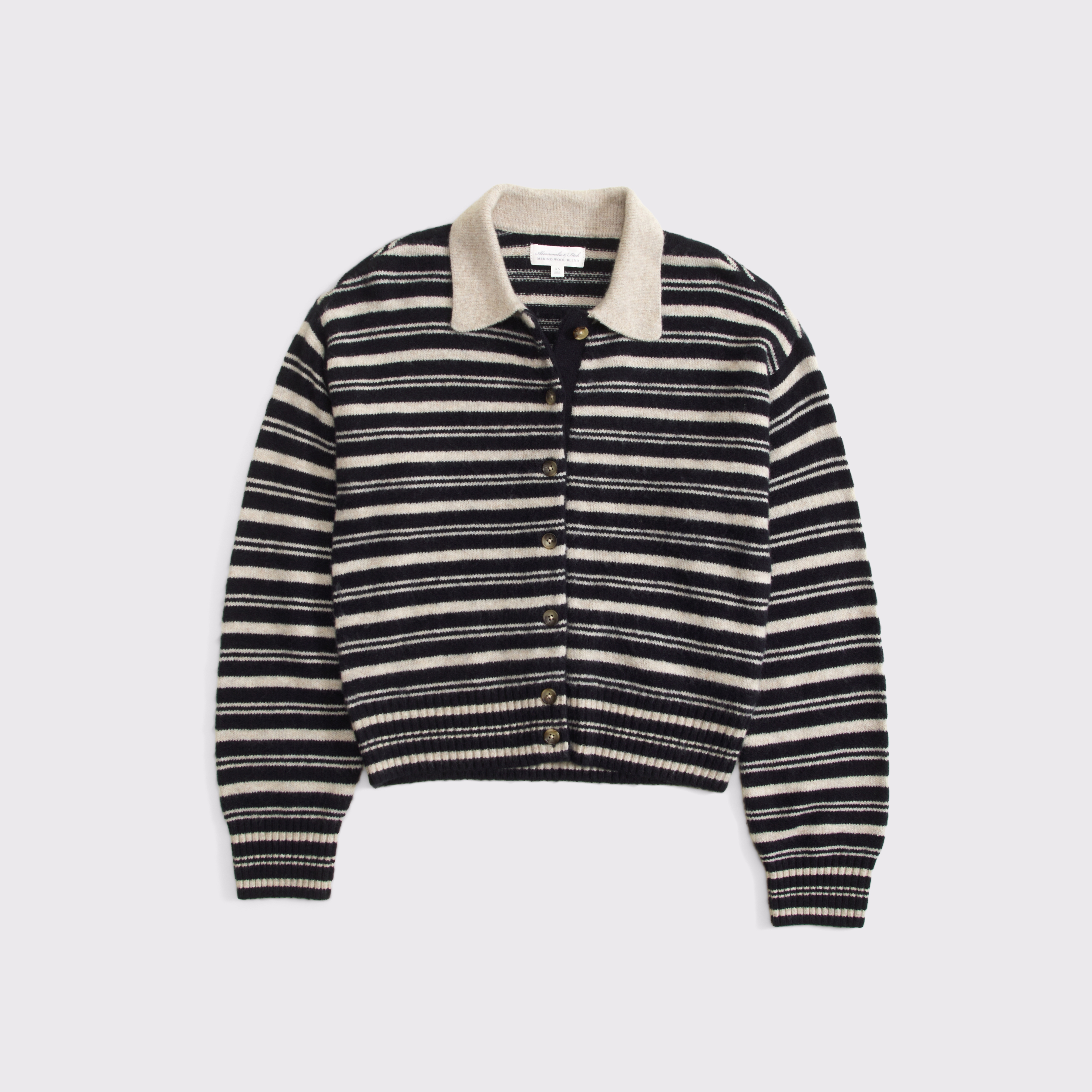 Женский кардиган Abercrombie & Fitch Merino Wool-Blend Collared, цвет: Чёрный полосатый — фото 1