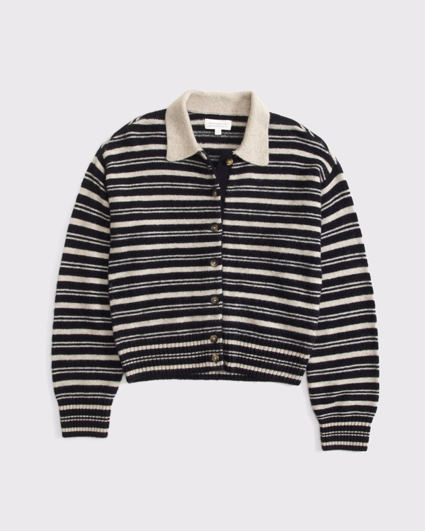 Merino Wool-Blend Collared Cardigan, Black Stripe view 1