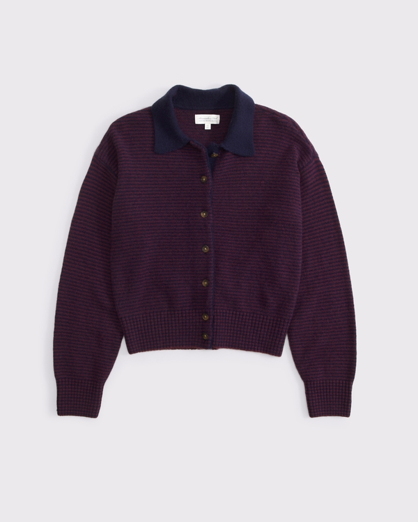 Merino Wool-Blend Collared Cardigan, Muted Navy Stripe view 1