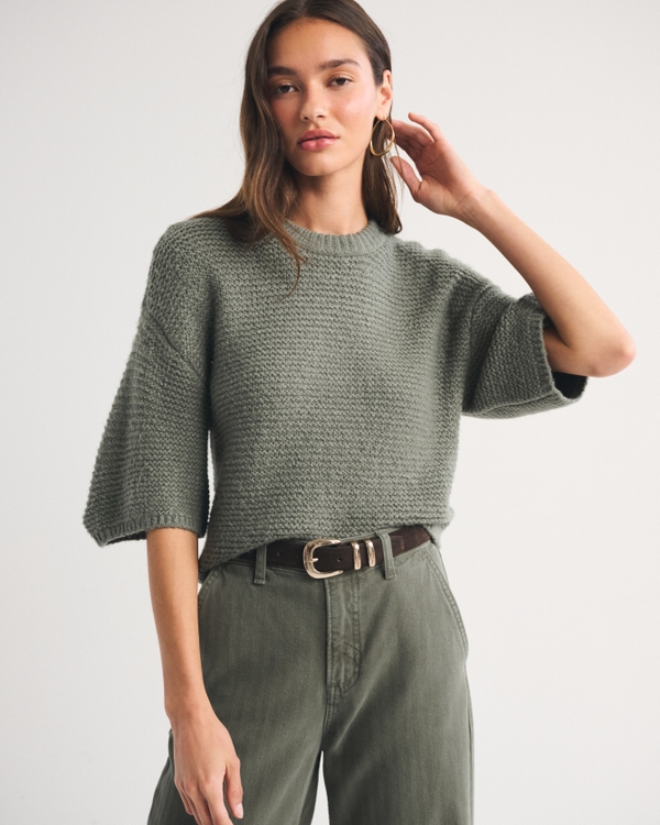 Short-Sleeve Boxy Sweater Tee, Olive Gray view 1
