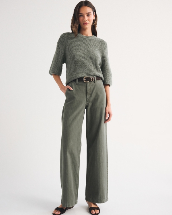 Short-Sleeve Boxy Sweater Tee, Olive Gray view 2