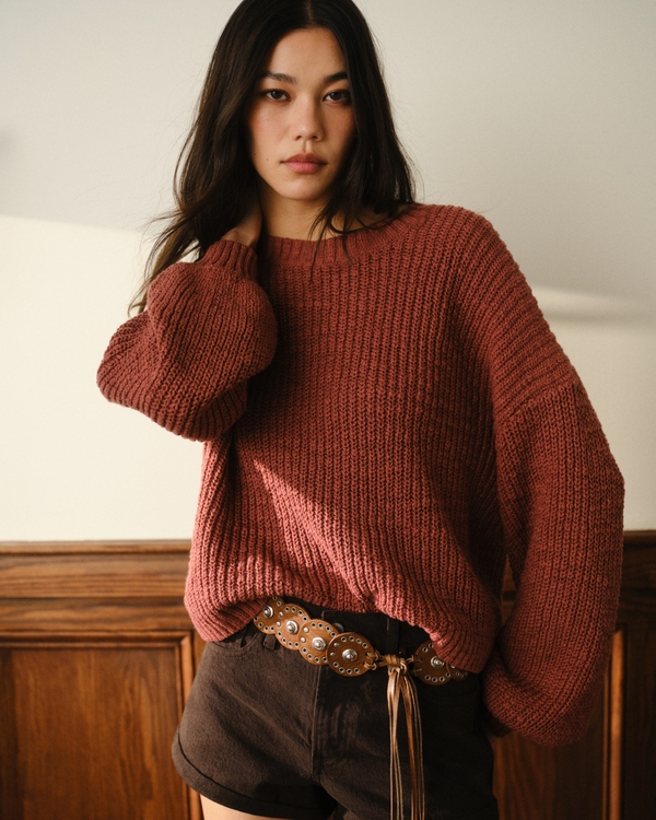 Textural Open-Stitch Crew Sweater, Rust Red view 1