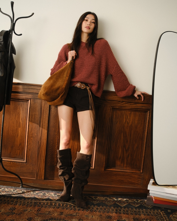Textural Open-Stitch Crew Sweater, Rust Red view 2