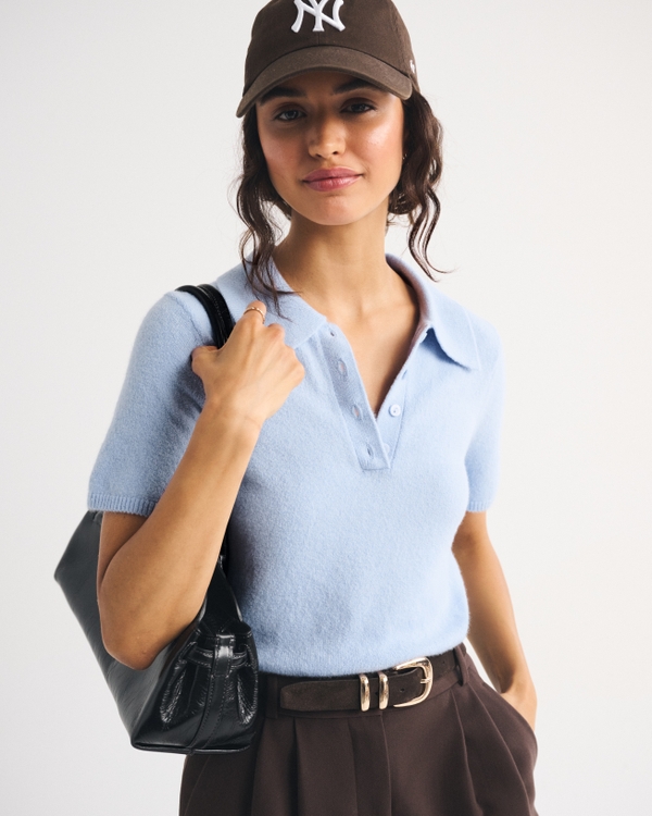 Merino Wool-Blend Short-Sleeve Polo, Periwinkle view 1