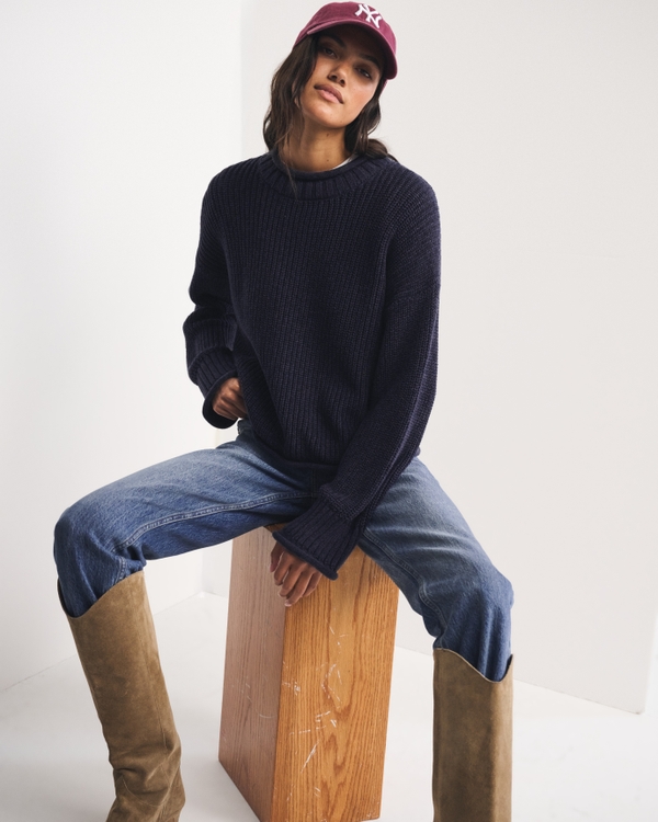 100% Cotton Roll Neck Crew Sweater, Muted Navy view 2