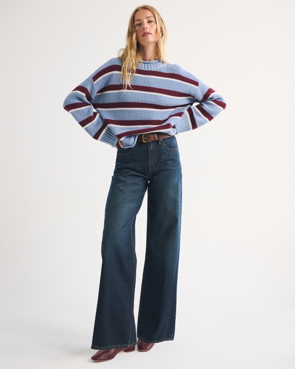 100% Cotton Roll Neck Crew Sweater, Blue Stripe view 2